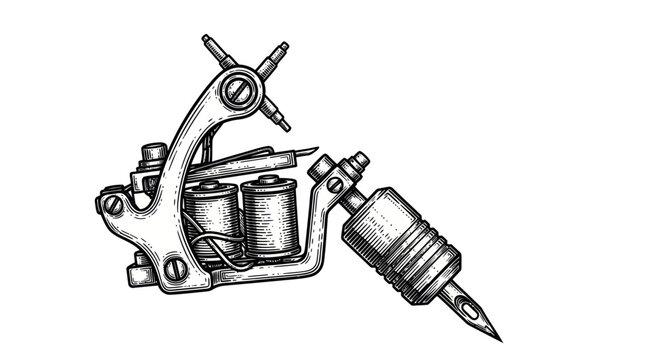 Vintage Tattoo Machine Drawing, Ink Art, Tattooing Equipment