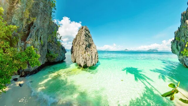 Entalula Beach in El Nido, Palawan Philippines, ranked world's most beautiful beach in 2026, World's 50 Best Beaches. For its pristine white sand, crystal waters and dramatic limestone cliffs 360 view
