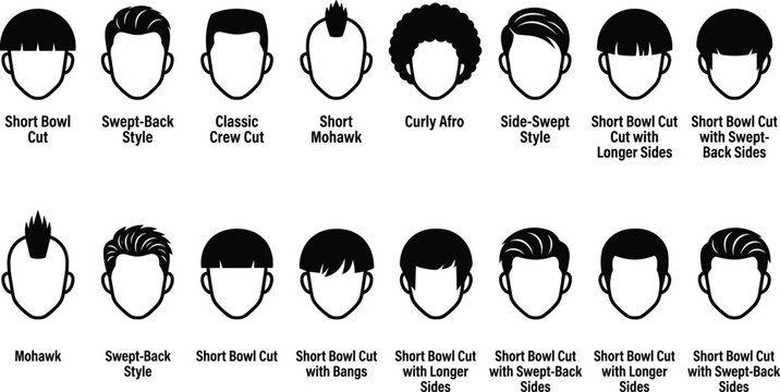 Hairstyle Icon Set with Different Haircuts, Including Bowl Cut, Mohawk, and Curly Styles for Fashion and Grooming Applications