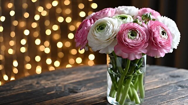 Pink and white ranunculus flowers in glass vase with bokeh