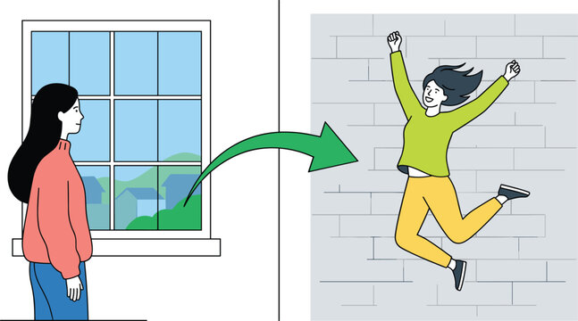 Illustration of Personal Transformation - From Contemplation to Action, Jumping into Success and Motivation for Self-Improvement