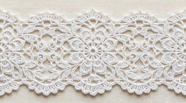 A horizontal white embroidered lace trim with scalloped floral edging, on a transparent background for borders, invitations, textiles, and decorative layouts