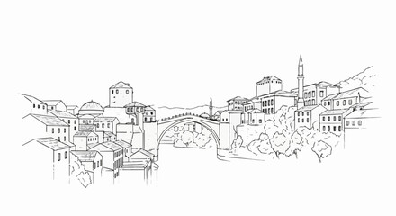 Fototapeta premium Sketch of an old stone bridge spanning a river with historic buildings on either side