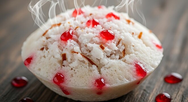 Steaming hot steamed rice cake topped with fresh grated coconut and sweet red pomegranate syrup drops.