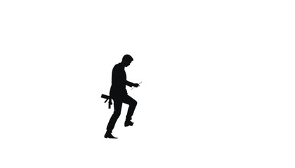 Obraz premium Businessman walks forward while holding a briefcase and checking his watch during a workday.