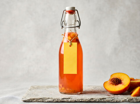 Homemade peach drink in a swingtop bottle with fresh peaches glass bottle soda mockup