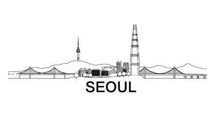 Obraz premium Stylized black and white line art cityscape of Seoul with iconic landmarks