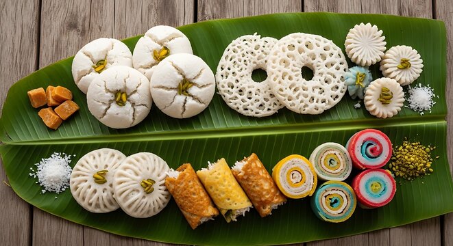 Variety of traditional indian sweets and savory snacks arranged on large green banana leaf.