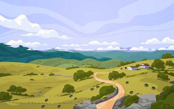 Minas Gerais Brazil rural landscape mountains countryside farmhouses winding dirt road green hills blue sky scenic nature