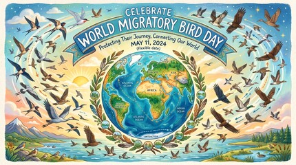 Naklejka premium World Migratory Bird Day, celebrate birds fly around globe, earth conservation
