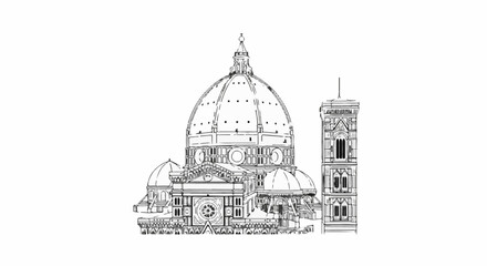 Fototapeta premium Stylized black and white line drawing of a grand domed cathedral and campanile