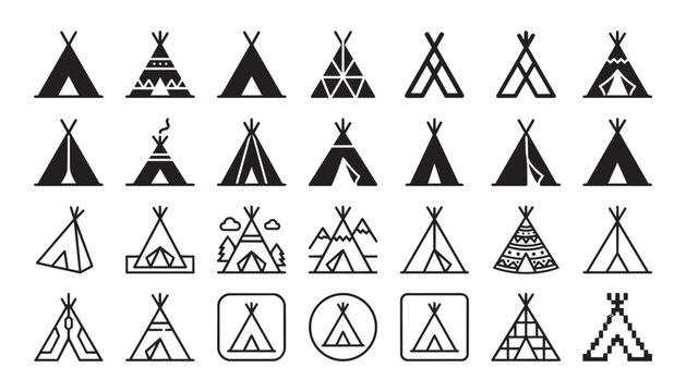 Collection of stylized teepee icons in black and white vector format for diverse design use.