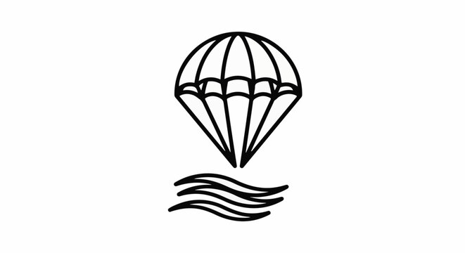 Simple black line art of a parachute descending onto stylized waves