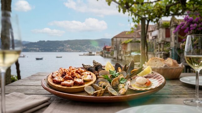 Galician Coastal Village of Combarro with Iconic Granaries and Rustic Architecture, Highlighting a Gourmet Seafood Platter from the Atlantic Ocean.