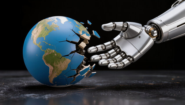Close up the breaking world 3D static close to a robot hand , black background.