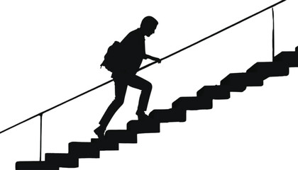 Fototapeta premium Student carrying a backpack walks up the stairs to symbolize education and personal development.