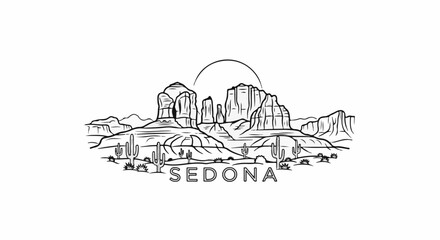 Naklejka premium Stylized desert landscape with red rock formations, cacti, and a sun arch