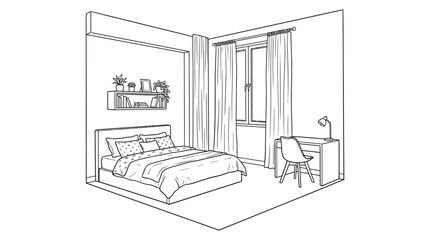 Fototapeta premium An isometric line drawing of a cozy bedroom featuring a bed, a desk with a chair, a window with curtains, and a shelf with plants and picture frames.