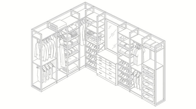 Wireframe illustration of a spacious, custom-designed walk-in closet with ample storage for clothing, shoes, and accessories.