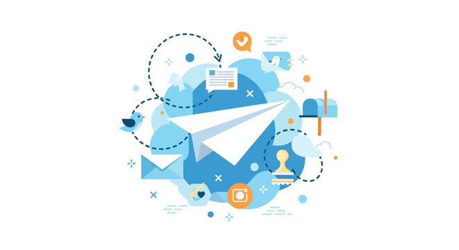 Digital Marketing and Communication Concept Illustration featuring Paper Plane, Email, Social Media Icons, and Messaging Symbols in Flat Design Style