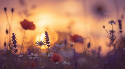 Fototapeta premium Art Wild flowers in a meadow at sunset. Macro image, shallow depth of field. Abstract august summer nature background 