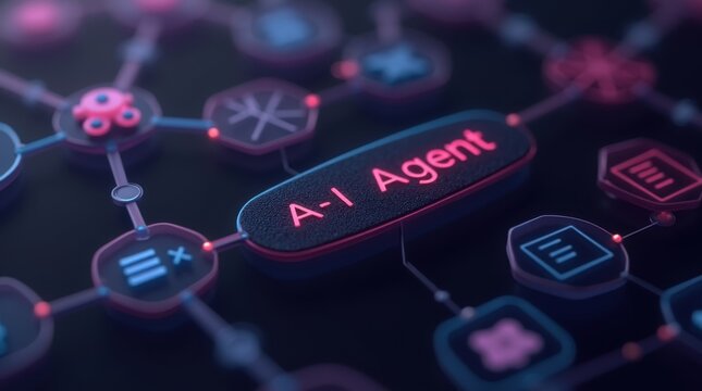AI workflow automation artificial intelligence agent software interface nodes triggers data tool dashboard coding icon flow process database technology 3d rendering.