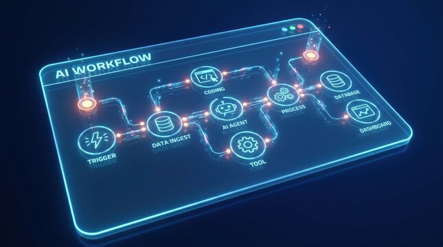 AI workflow automation artificial intelligence agent software interface nodes triggers data tool dashboard coding icon flow process database technology 3d rendering.