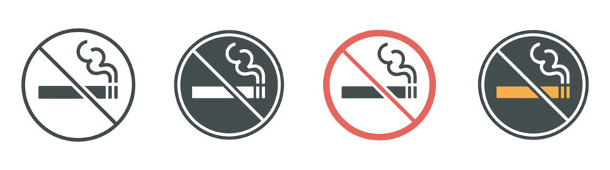 No smoke icon stop smoking symbol, forbidden cigarette signs, ban tobacco symbols, prohibit nicotine icons, black red flat color, vector sign design. © AYAT002