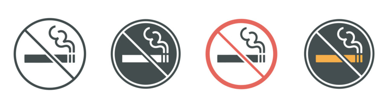 No smoke icon stop smoking symbol, forbidden cigarette signs, ban tobacco symbols, prohibit nicotine icons, black red flat color, vector sign design.