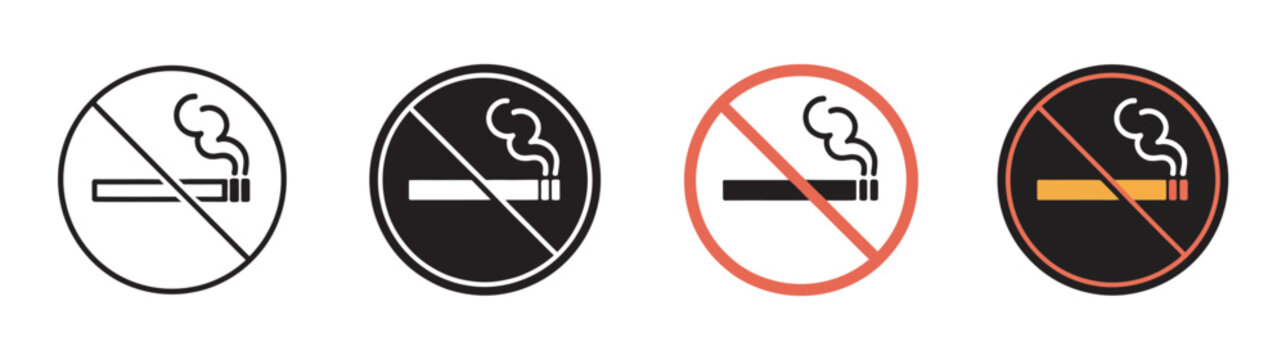 No smoke icon stop smoking symbol, forbidden cigarette signs, ban tobacco symbols, prohibit nicotine icons, black red flat color, vector sign design.