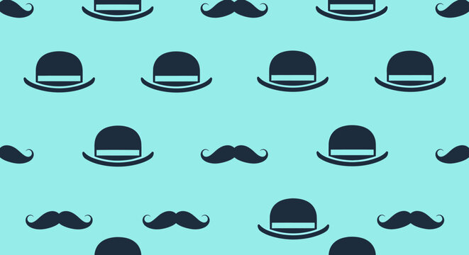 Seamless pattern of bowler hats and mustaches on a teal background, retro style, vintage elements, gentleman's club theme