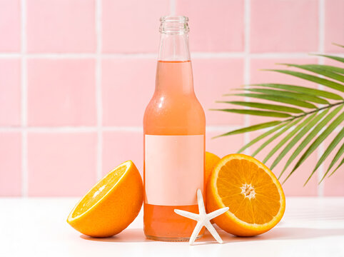 Refreshing pink drink bottle with oranges, starfish, and palm leaf glass bottle soda mockup