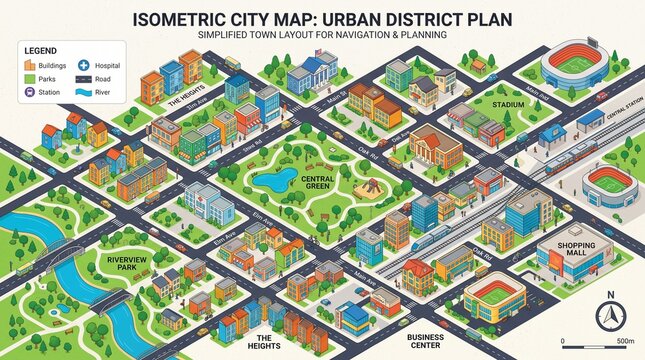 Isometric city map, urban district plan, navigation illustration, colorful infographic