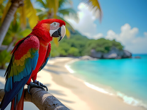 Scarlet macaw parrot on tropical beach with palm trees and turquoise ocean