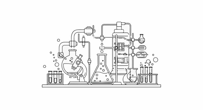 Stylized illustration of a chemistry lab setup with various glass equipment