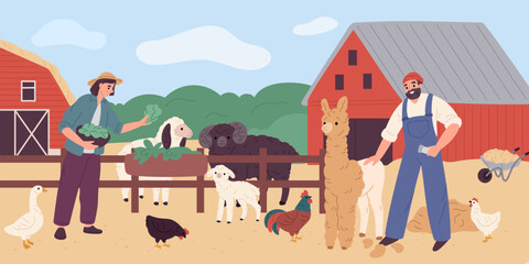 Fototapeta premium Happy farmers with animals. Family couple breed lambs and llamas, man cuts wool, woman feeds cattle, rural life, sheep, alpaca and chickens garish vector cartoon livestock farming concept