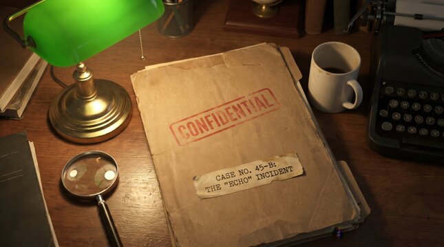 Old Confidential File Folder Lying on Detective Desk with Lamp 
