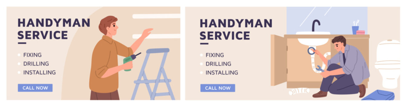 Handyman banner. Master of minor home repairs, man with drill, guy repairs sink drain, private service advertisement, professional maintenance service garish vector cartoon isolated concept