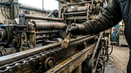 Fototapeta premium Close-up view of industrial machinery, worker lubricating a conveyor belt chain