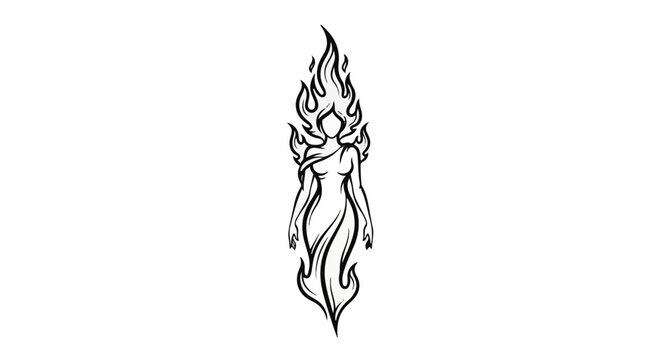 Stylized figure engulfed in flames, depicted with graceful lines