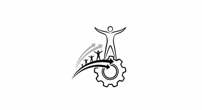 Stylized figures ascend toward a larger figure atop a gear with arrows