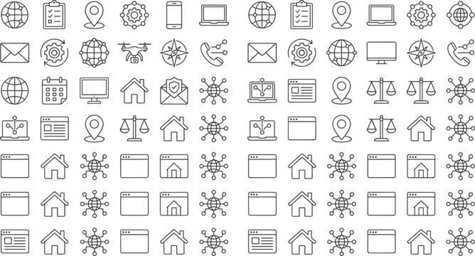 Digital Communication and Network Icon Set with Technology, Email, Web, GPS, and Legal Symbols for Online and Business Applications