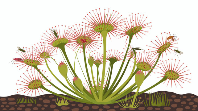 Venus flytrap plant with flowers on white background pink green illustration