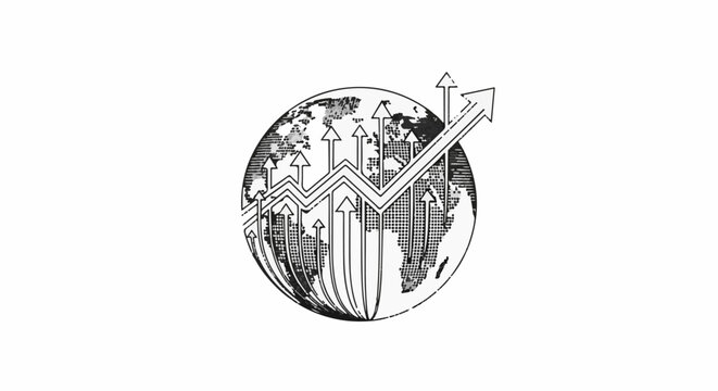 Stylized globe with upward trending arrows indicating global growth and progress
