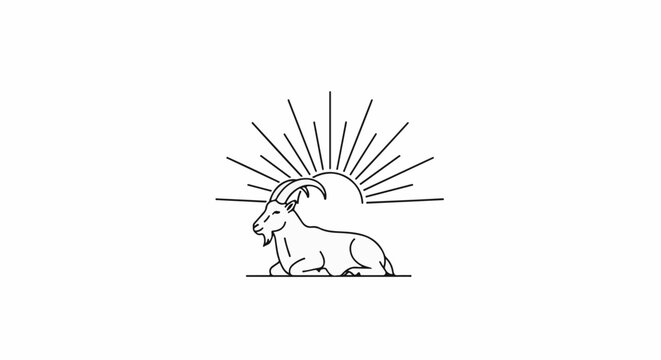 Stylized goat resting under a sunburst
