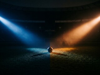 Dramatic soccer ball on stadium field with spotlight beams shining down