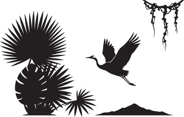 Fototapeta premium Black silhouette of flying crane with tropical plants bird
