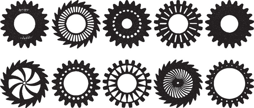Set of vintage industrial gear wheels and mechanical cogwheel icons with distressed grunge texture for engineering and steampunk design