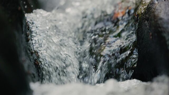 Clear mountain stream with pure water flowing and bubbling over natural rocks in a pristine wilderness environment, dynamic motion of fresh transparent water in a rocky creek, natural landscape 