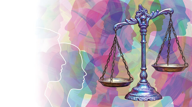Scales of justice standing against a background of colorful overlapping human silhouettes representing social equality and civil rights.